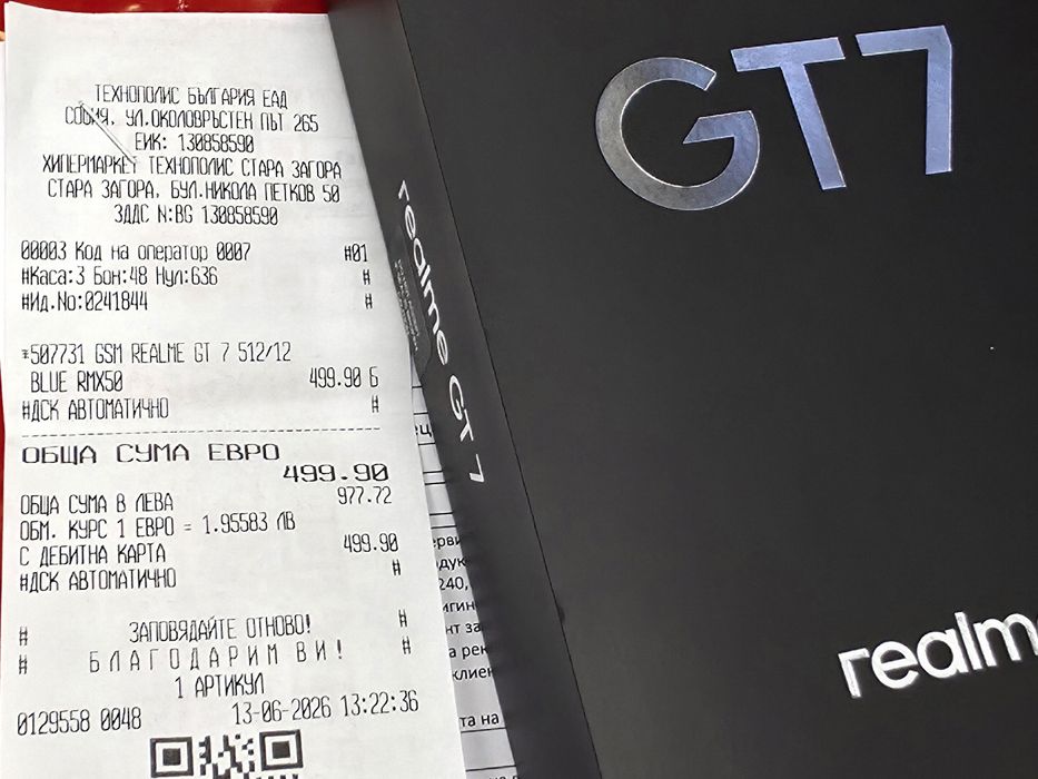 КАТО НОВ 512GB Realme GT7 Технополис Гаранция 2028 IceSense Blue | Син