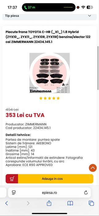 Discuri perforate + placute zimmerman (punte spate) Toyota Chr