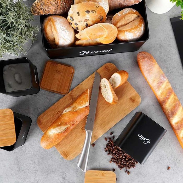 Комплект Кутия за Хляб и 3 буркани за съхранение на Кафе, Чай и Захар