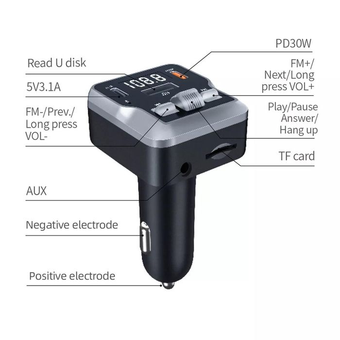 Bluetooth fm предавател за кола, mp3 плейър, радио, pd, usb-c, ...