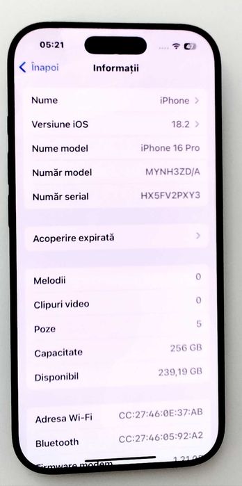 (AG35) Telefon Apple iPhone 16Pro 256GB   b35080  - Garantie 2  ani !