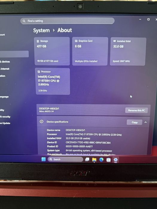 Laptop Gaming Acer Nitro Intel i7-9750H Gtx 1660Ti, 32Gb Ram