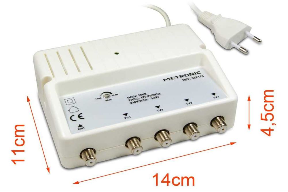 Усилвател на сигнала METRONIC 332175, 4-лентов за телевизионна антена