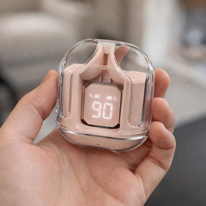 Безжични Bluetooth слушалки с LED дисплей и прозрачен заряден калъф