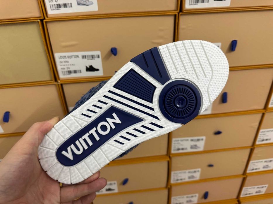 Louis Vuitton LV Trainer Maxi Sneaker Dark Blue Distressed Denim.