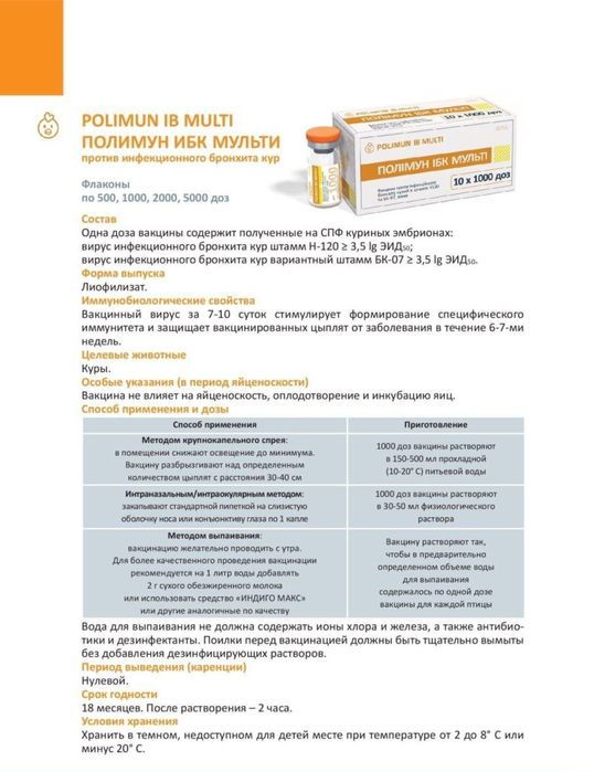 Вакцина против инфекционного бронхита для кур ПОЛИМУН ИБК МУЛЬТИ