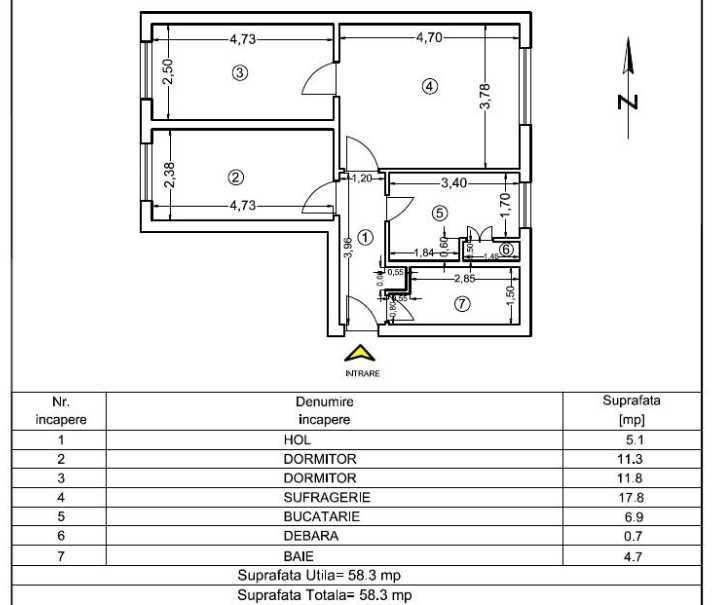 Apartament 3 camere, parter inalt fara subsol, 58 mp, locatie centrala