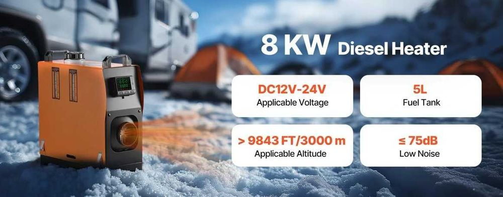 Incalzitor aer VEVOR  8 kW DC12V,telecomanda si panou LCD,anunt vocal