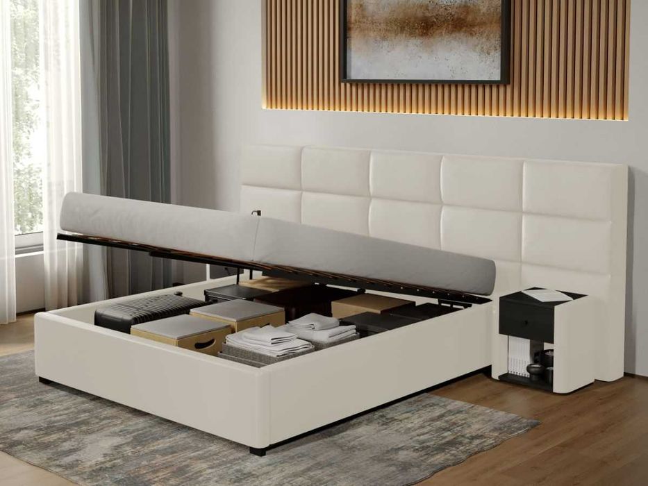 Pat tapitat Cico 190 rabatabil 287x114 C2 din piele/stofa Alb Nube 1