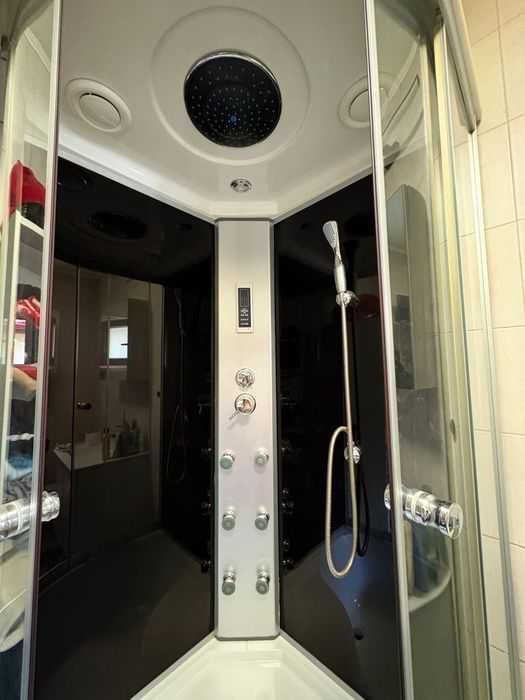 Cabină de duș, Sanotechnik, premium cu hidromasaj, sticlă neagră și cădiță înaltă, 90x90