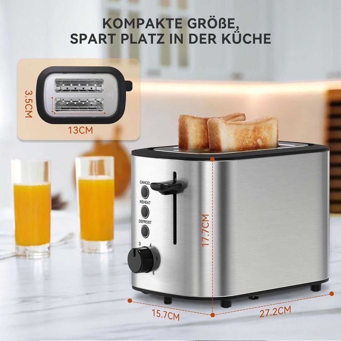 Тостер от неръждаема стомана KitchenBoss за 2 филийки, приставка за хлебчета и подвижно отделение за трохи, 6 нива, с автоматично изключване, 870W