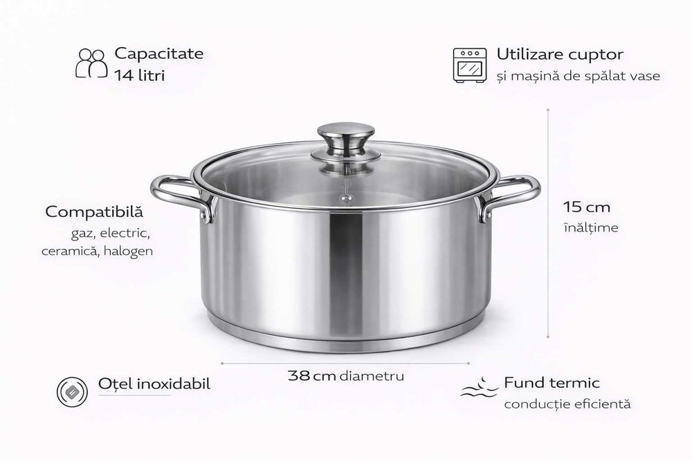 Cratita inox Royalty Line 14L cu capac din sticla 38x15 cm