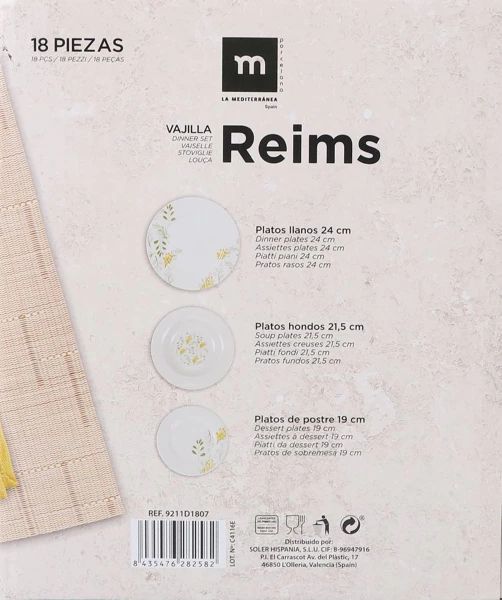 Set vesela masa Reims 18 piese, portelan decorat, rotund, Culoare Alb