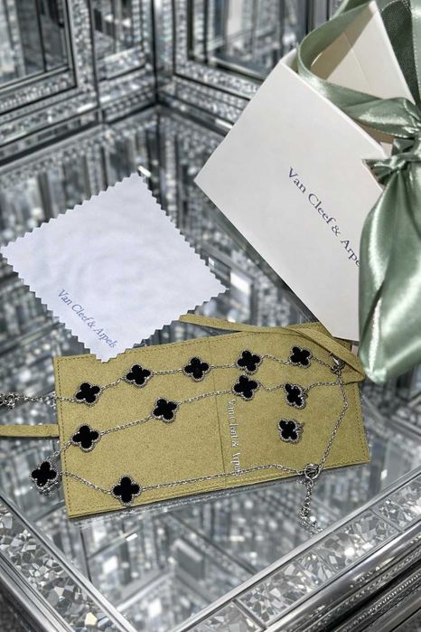 ван клиф сет бижута сребърни с черна детелина комплект van cleef колие