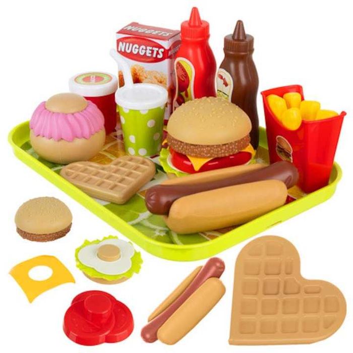 Set de jucarii Fast Food 26 piese burger cartofi prajiti hot dog tava