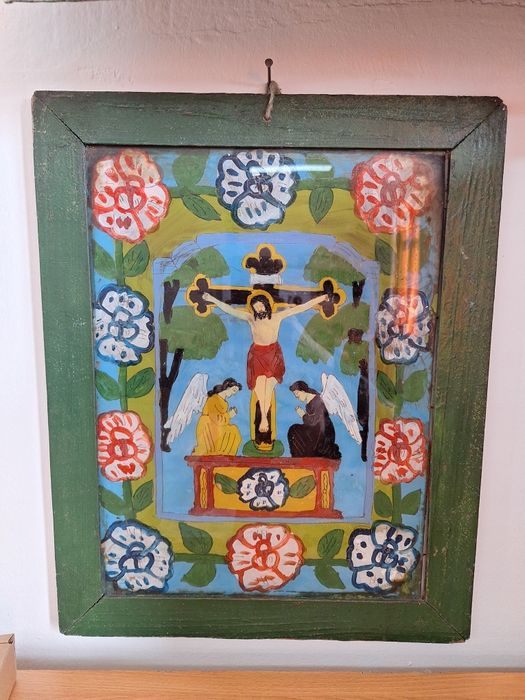 Vând icoană veche pictată pe sticlă, 40 × 30 cm