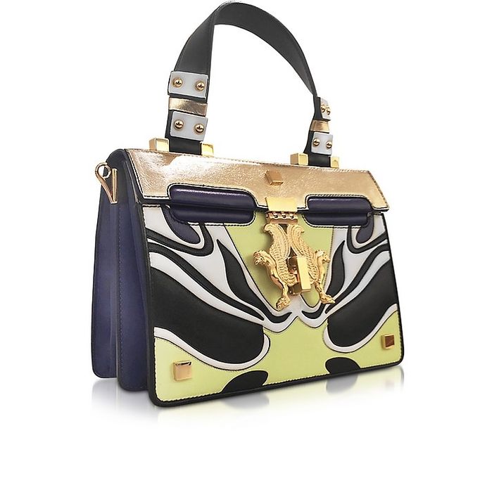 Кожена чанта Giancarlo Petriglia дръжки лого златиста синя черна зелен