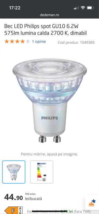 Bec LED Philips spot GU10 6.2W 575lm lumina calda 2700 K, dimabil