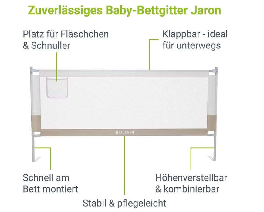 Barieră / Apărătoare de Pat pentru Copii Juskys "Jaron" (200 cm, Bej)