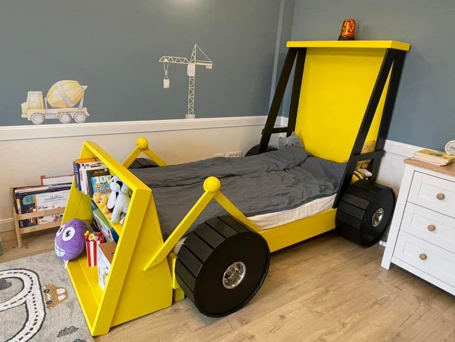 Vand pat copii Excavator din lemn masiv + saltea