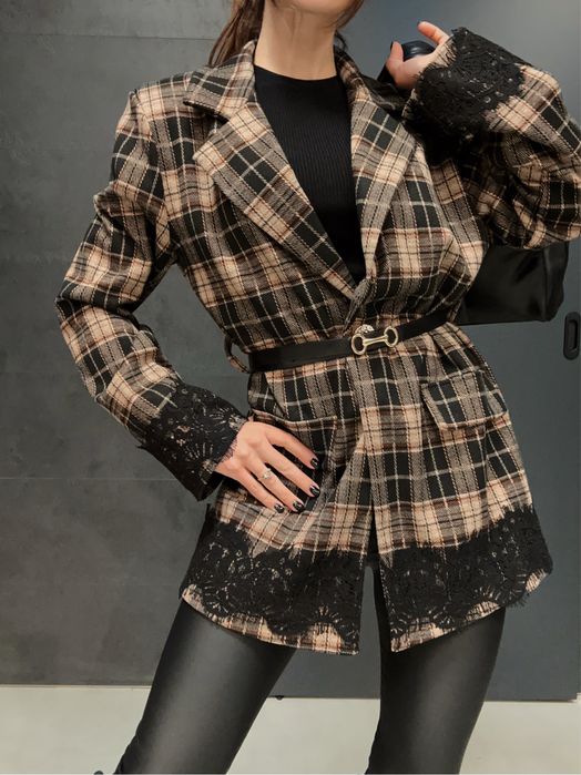 Дамско сако с дантела щампа каре