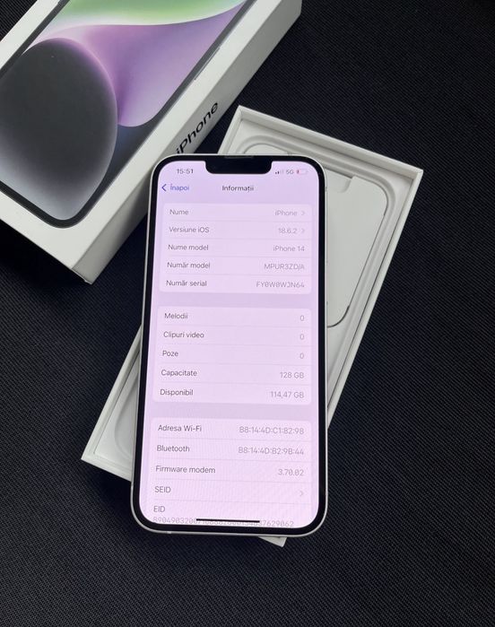 iPhone 14 Alb de 128 GB  cu 95% Bateria