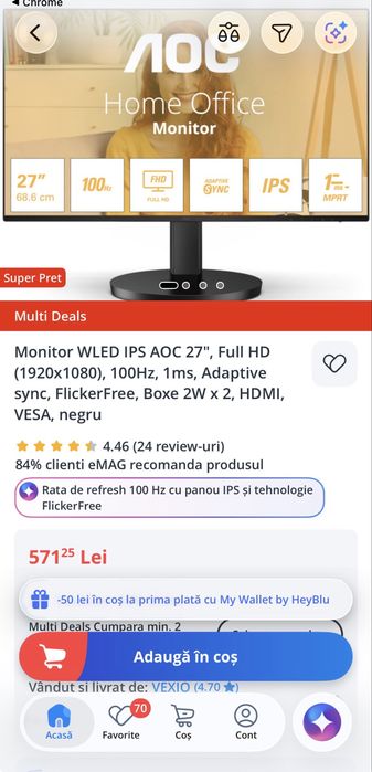Monitor WLED IPS AOC 27", Full HD (1920x1080), 100Hz, 1ms, Adaptive sync, FlickerFree, Boxe 2W x 2, HDMI, VESA, negru