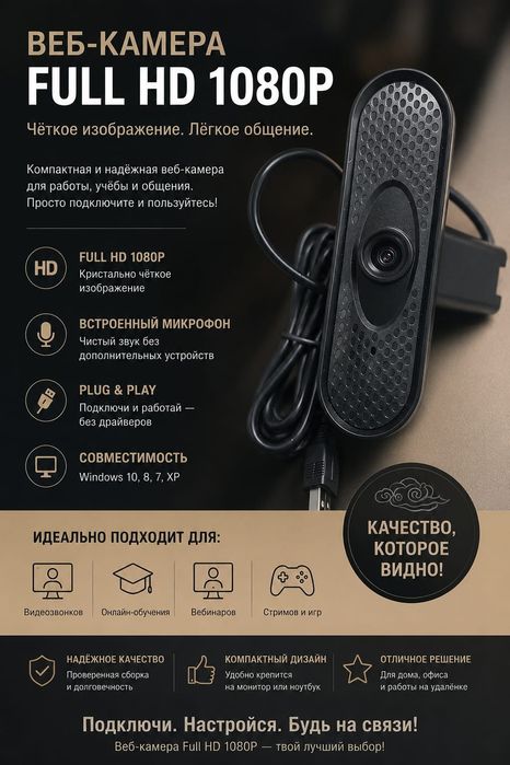 Веб-камера Full HD 1080P для ПК с микрофоном