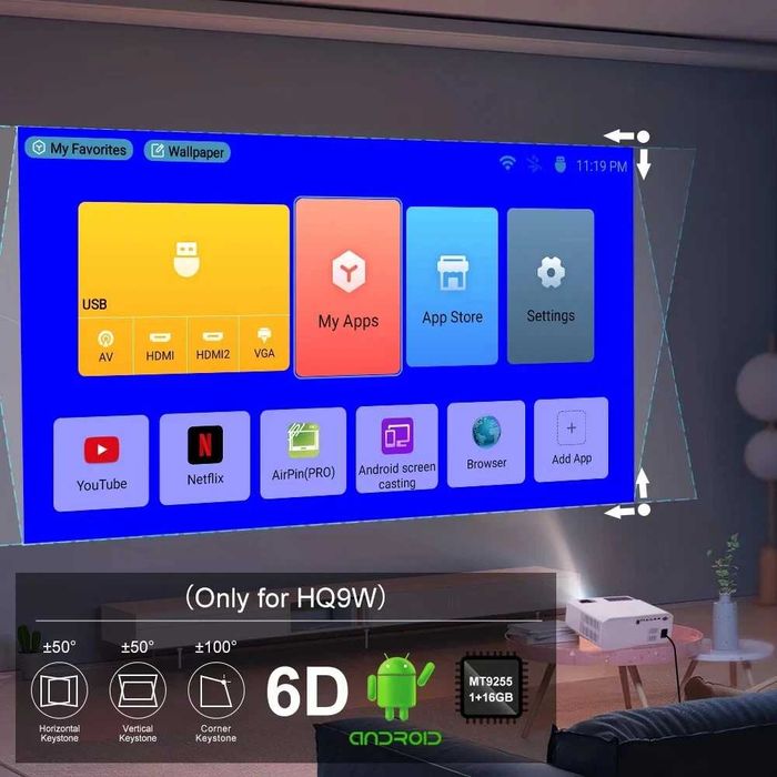 Proiector Everycom HQ9W LED, Full HD 1080p, Android Smart TV, Wi-Fi 5G, Bluetooth