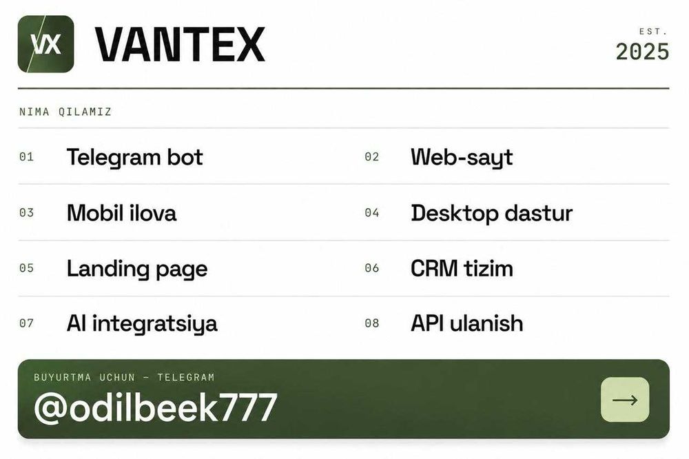 Telegram bot, web-sayt, mobil ilova, landing page, xizmatlari