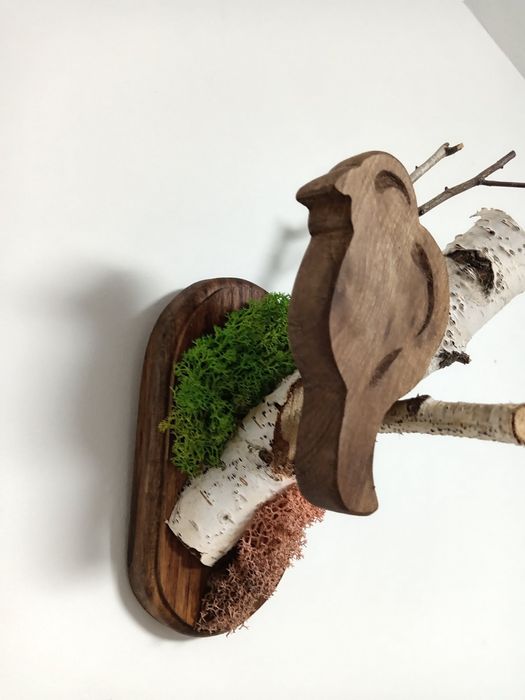 Декорация птици от бреза със скандинавски мъх -бухал, врабче,кълвач