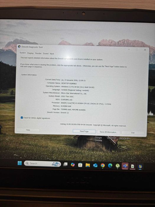 Laptop MSI Gaming 15.6'' GF63 Thin 10SC, 8gb RAM, placa video 4gb