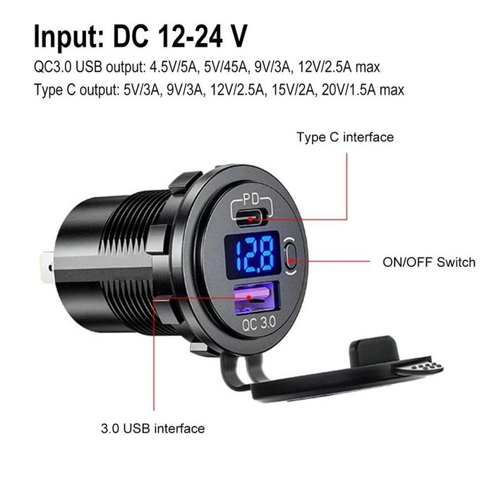 USB Type-C + USB 3.0 зарядно за кола/камион/АТВ/кемпер/лодка *с кабели