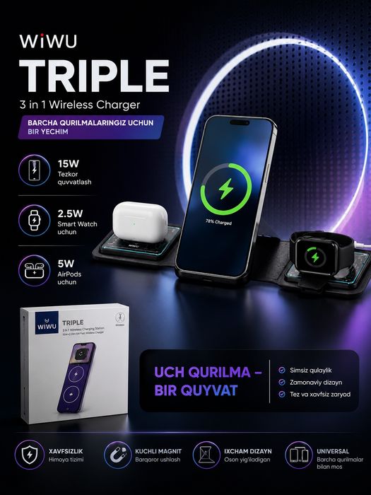 WiWU TRIPLE 3-in-1 Simsiz Zaryadlovchi Stansiyasi