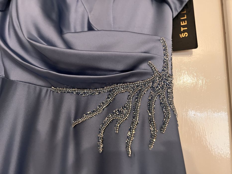 Rochie albastru gri de seara eleganta cu strasuri de cristal