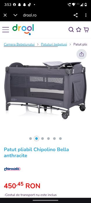 Vând pătuț pliabil Chipolino Bella – Anthracite (negru)