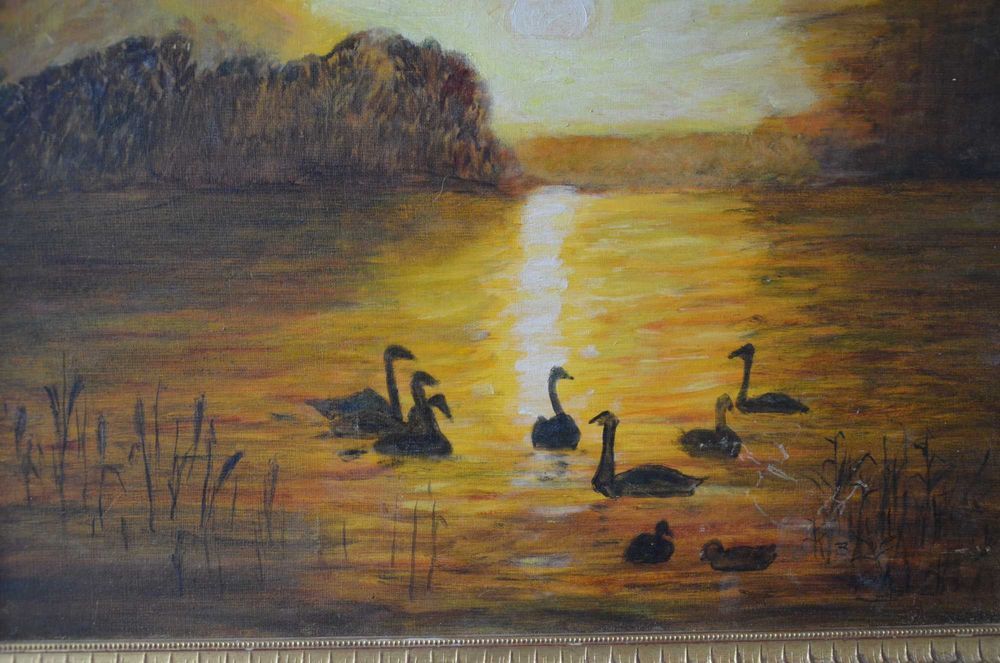 Tablou pictat ANGLIA anii 1960 / Pictutra pe panza / rama lemn aurie