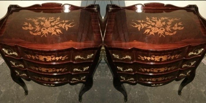 Set comodine in stilul francez Empire cu 3 sertare decorate cu intarsi
