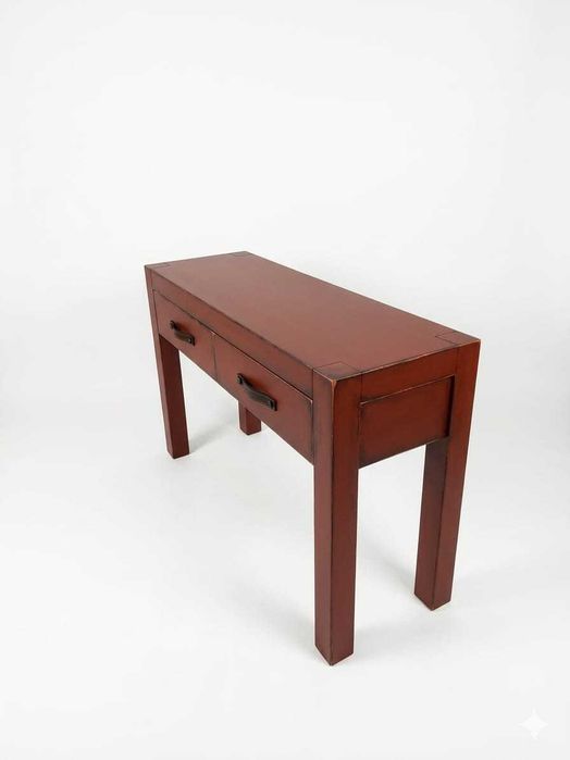 Consolă lemn  masiv burgundy unicat, patinată, mânere piele, sertare