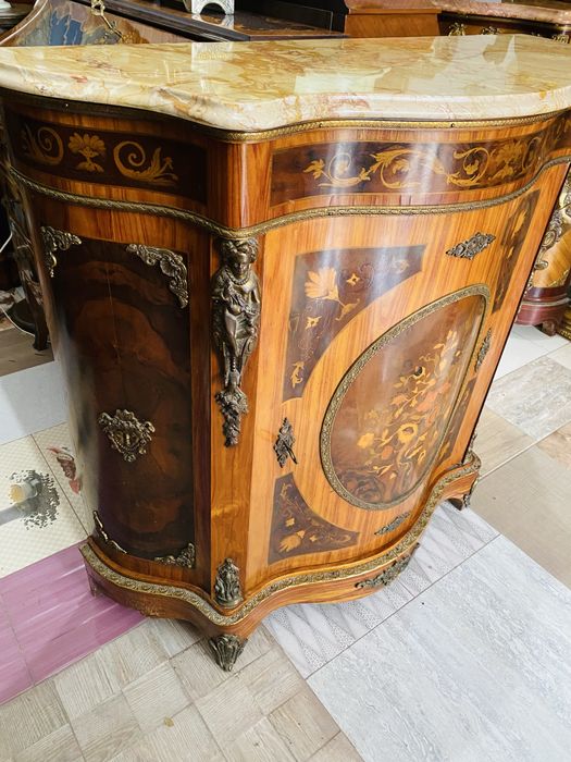 Comoda Vintage Lemn Masiv Marmura Bronz Intarsie Antic