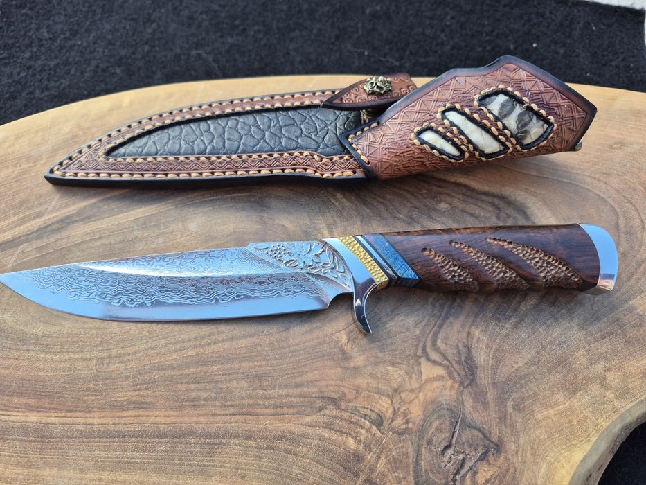 Ръчно изработен ловен нож дамаска стомана с кожена кания LN432