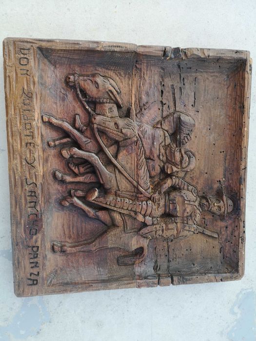 sculptura lemn veche, cariata, Don Quijote  si Sancho Panza,
