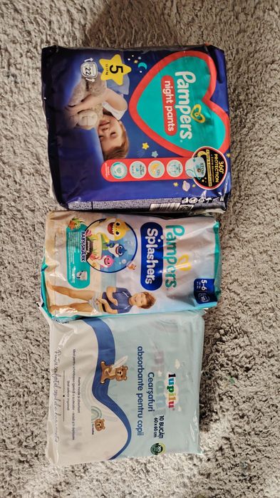 Scutece Pampers nights pants 5 22 buc, nou, pampers splashers 5-6 si cearsafuri absorbante