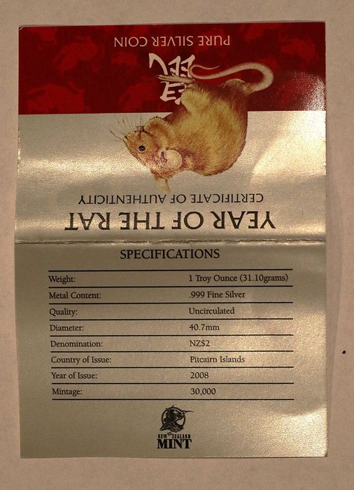 Рядка сребърна монета " Годината на плъха "