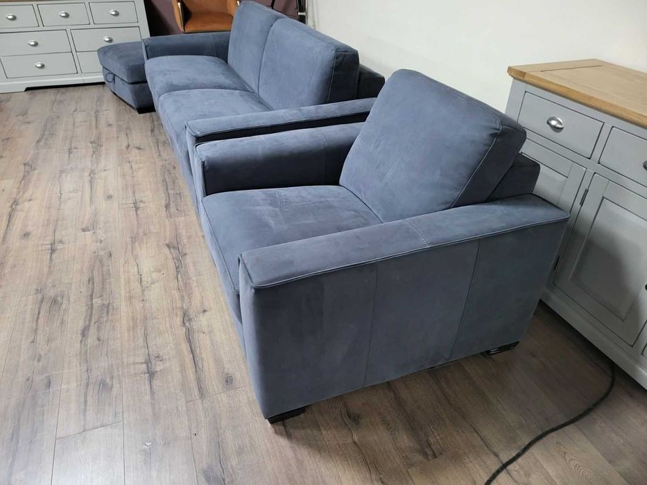 Сив комплект от плат диван тройка с функция сън, фотьойл и табуретка