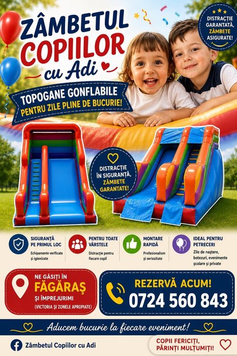 Închiriez tobogane gonflabile în municipiul Făgăraș, orașul Victoria, orașul Avrig, orașul Agnita și localitățile din împrejurimi.