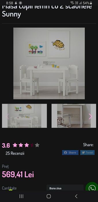 Masa cu scaune din lemn masiv , culoare alba