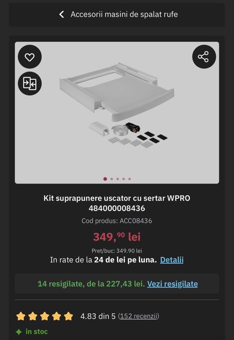 Kit suprapunere Wpro universal mașină de spălat + uscător – NOU