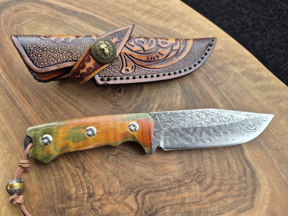 Уникален ловен нож дамаска стомана,фултанг с кожена кания LN422