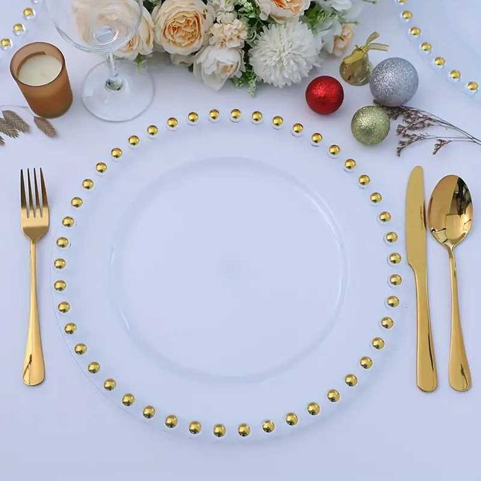 Farfurie Suport Din Sticla, Margine Bobite Aurii si Argintii